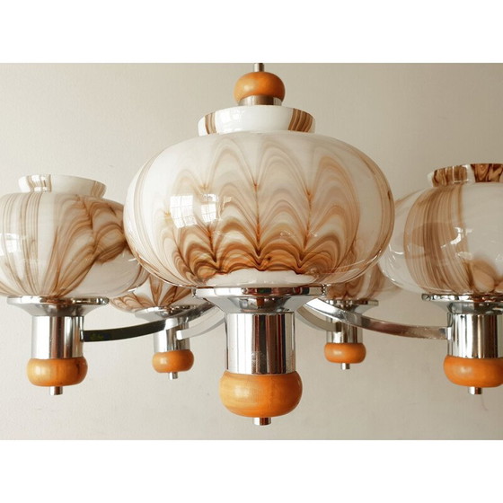 Image 1 of Vintage kroonluchter in staal hout & glas 1960