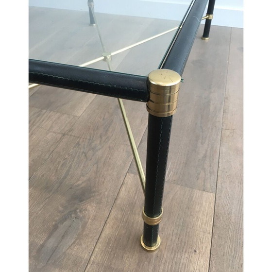 Image 1 of Vintage messing salontafel bekleed met zwart leer, 1970