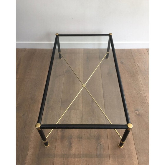 Image 1 of Vintage messing salontafel bekleed met zwart leer, 1970