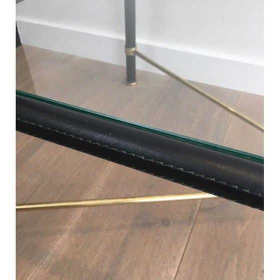 Image 1 of Vintage messing salontafel bekleed met zwart leer, 1970