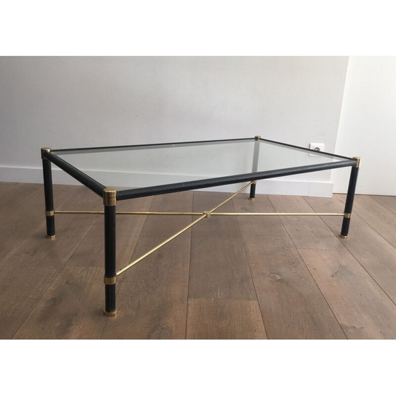 Image 1 of Vintage messing salontafel bekleed met zwart leer, 1970