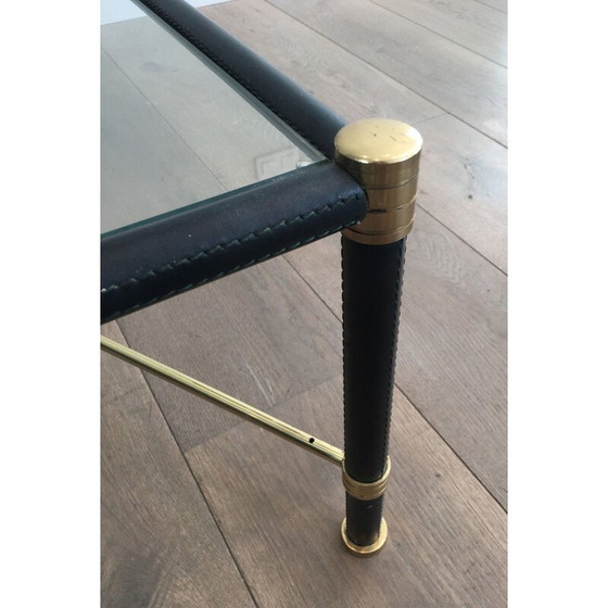 Image 1 of Vintage messing salontafel bekleed met zwart leer, 1970