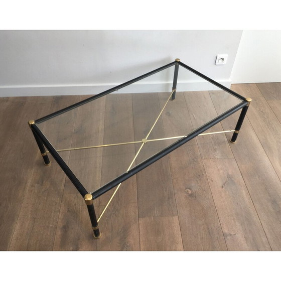 Image 1 of Vintage messing salontafel bekleed met zwart leer, 1970