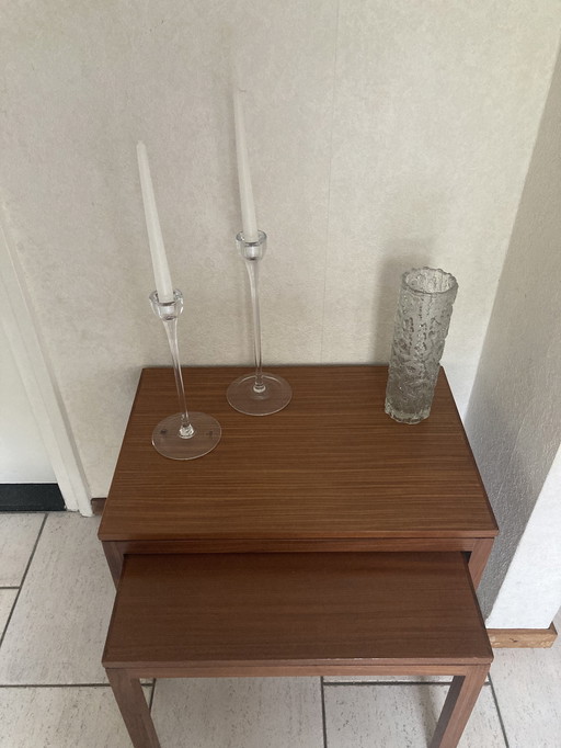 2x Vintage Teakhouten Bijzettafeltjes