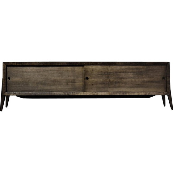 Image 1 of Lang vintage scandinavisch essenhouten dressoir met mat metalen handgrepen, 1960