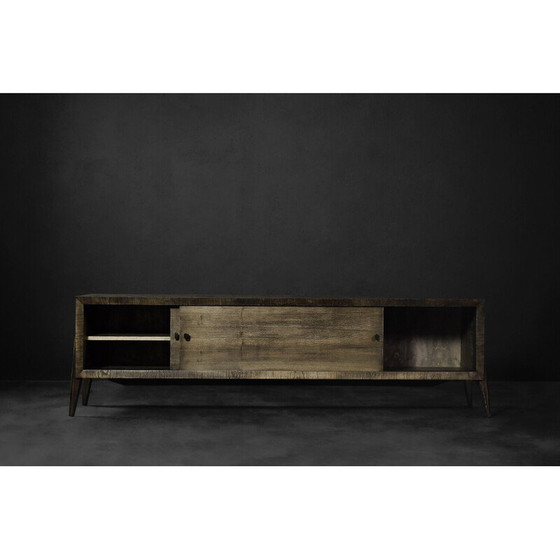 Image 1 of Lang vintage scandinavisch essenhouten dressoir met mat metalen handgrepen, 1960