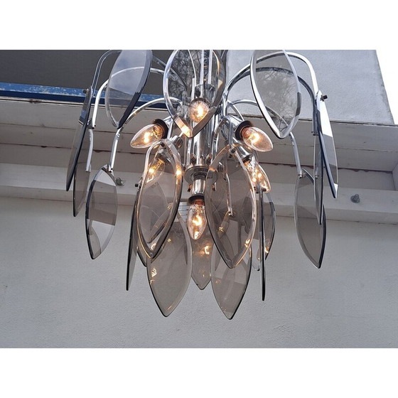 Image 1 of Vintage chroom en rookglas hanglamp van Veca Fontana Arte, Italië 1970