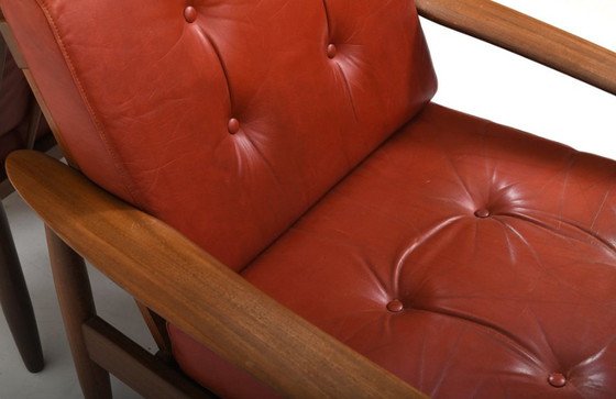 Image 1 of Deense teakhouten fauteuils met leren zittingen, jaren 1960, set van 2