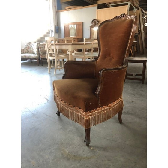 Image 1 of Laat 20e Eeuwse Walnoot Met Fluwelen "Dralon" Fauteuil