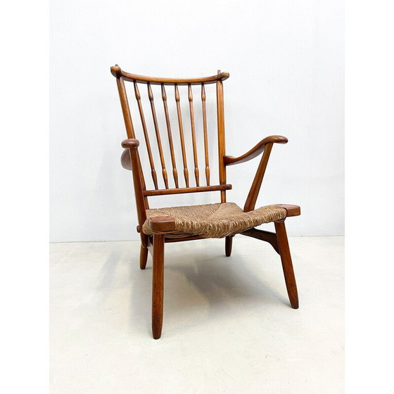 Image 1 of Paar Scandinavische fauteuils uit het midden van de eeuw in hout en stro, jaren 1960