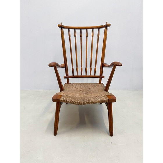 Image 1 of Paar Scandinavische fauteuils uit het midden van de eeuw in hout en stro, jaren 1960