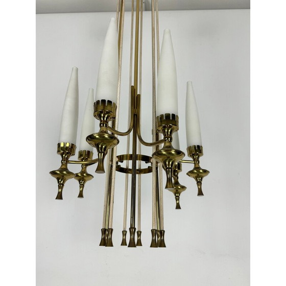 Image 1 of Set van 6 vintage kroonluchters in messing en opaline glas voor Arredoluce Monza, Italië 1950