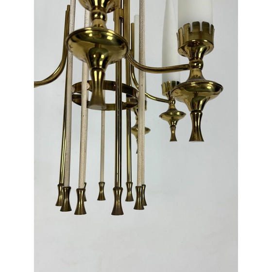 Image 1 of Set van 6 vintage kroonluchters in messing en opaline glas voor Arredoluce Monza, Italië 1950
