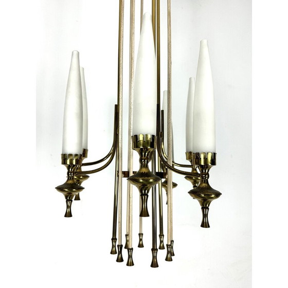 Image 1 of Set van 6 vintage kroonluchters in messing en opaline glas voor Arredoluce Monza, Italië 1950