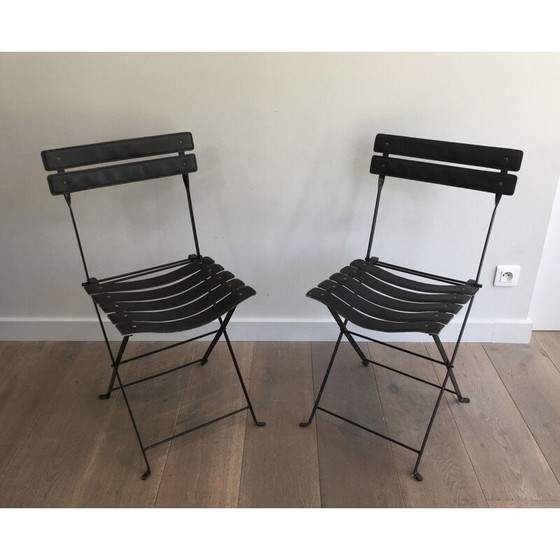 Image 1 of Paar vintage zwart leer en metalen stoelen uit 1950