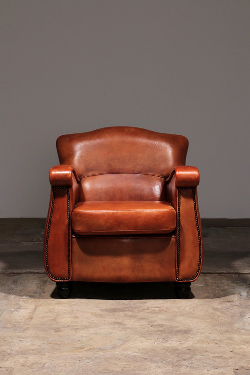 Schaap leren fauteuil Nederlands design handgemaakt 1970 -Merknaam Joris