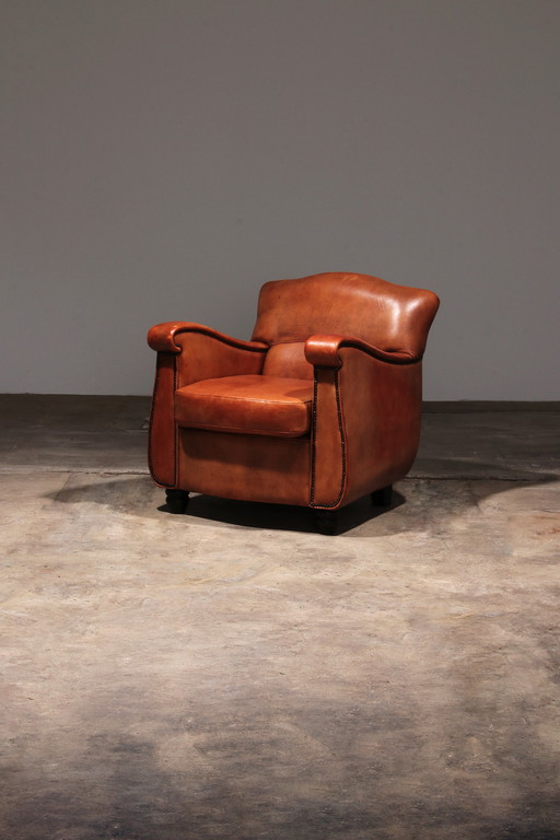 Schaap leren fauteuil Nederlands design handgemaakt 1970 -Merknaam Joris