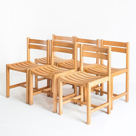 Image 1 of Set van 6 vintage massief beukenhouten stoelen van André Sornay, Frankrijk 1960
