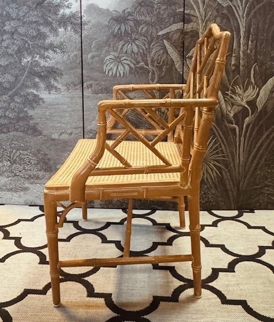 Image 1 of Chippendale Faux Bamboo Webbing Stoelen Jonathan Adler Hollywood Regency