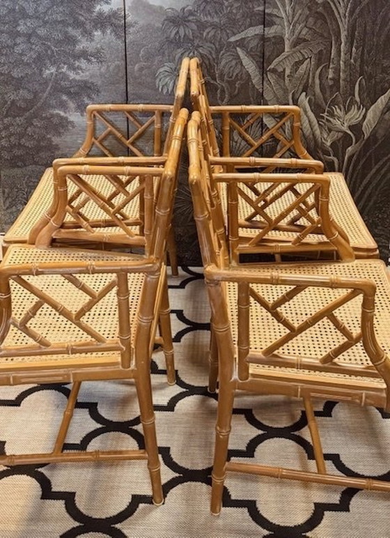 Image 1 of Chippendale Faux Bamboo Webbing Stoelen Jonathan Adler Hollywood Regency