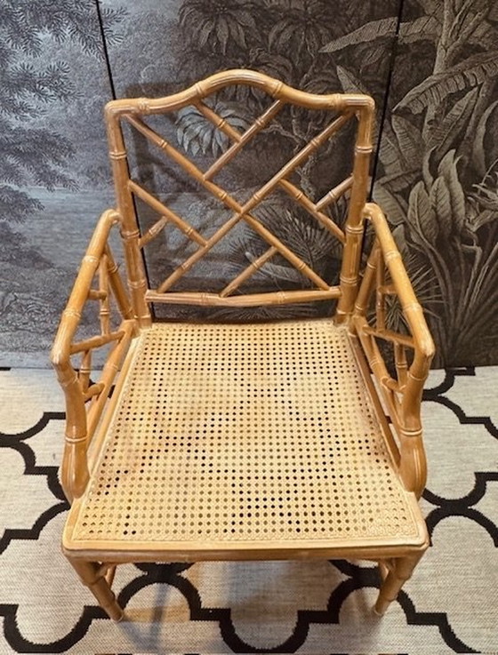 Image 1 of Chippendale Faux Bamboo Webbing Stoelen Jonathan Adler Hollywood Regency