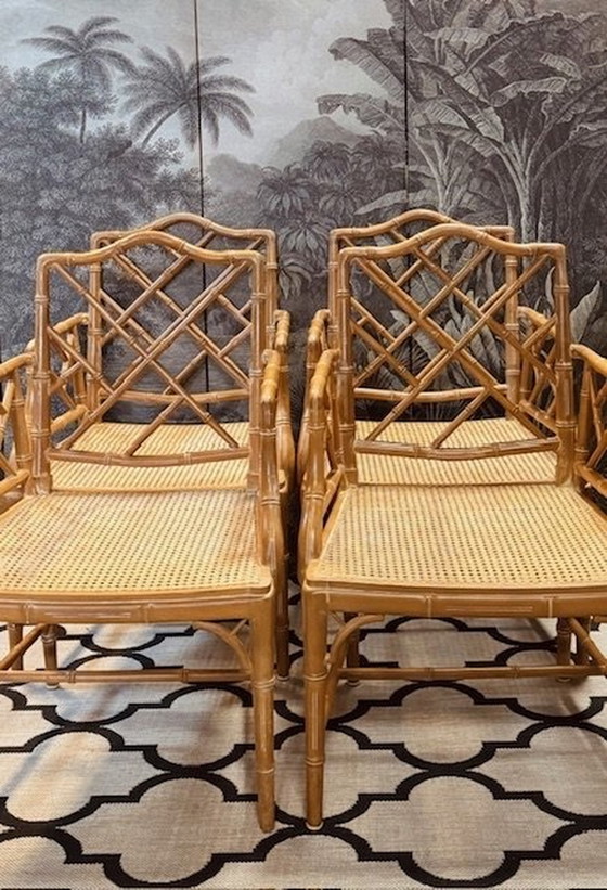 Image 1 of Chippendale Faux Bamboo Webbing Stoelen Jonathan Adler Hollywood Regency