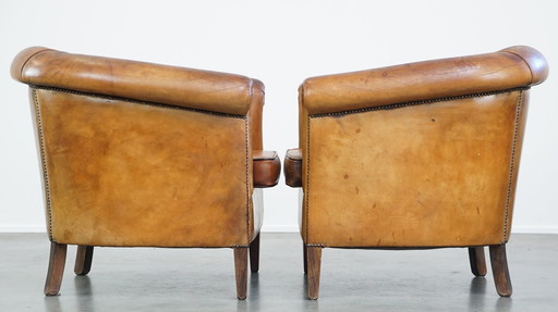 2 X Vintage Schapenleren Clubfauteuil 