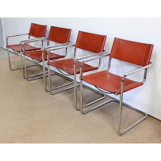 Image 1 of Set van 4 vintage leren en verchroomde metalen fauteuils van Matteo Grassi, 1960