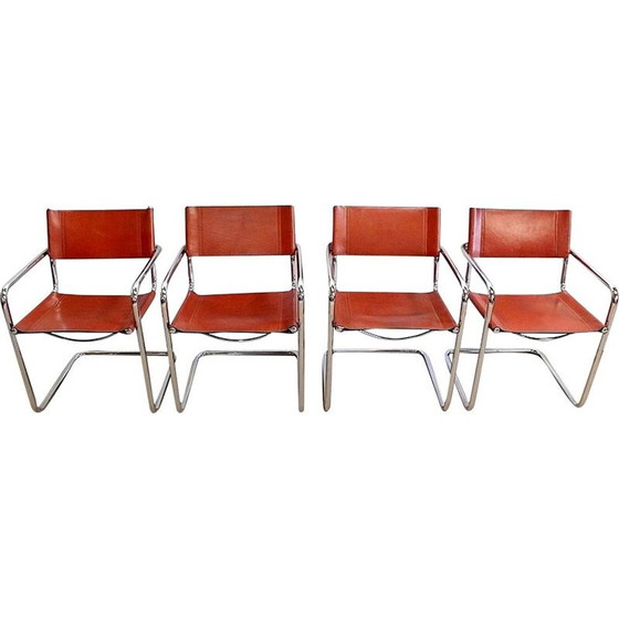 Image 1 of Set van 4 vintage leren en verchroomde metalen fauteuils van Matteo Grassi, 1960