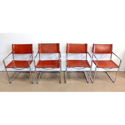 Set van 4 vintage leren en verchroomde metalen fauteuils van Matteo Grassi, 1960