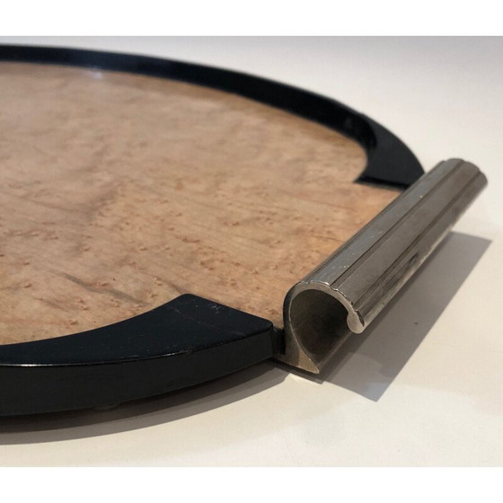 Image 1 of Vintage art deco dienblad van esdoorn, gezwart hout en verchroomd metaal, Frankrijk 1930