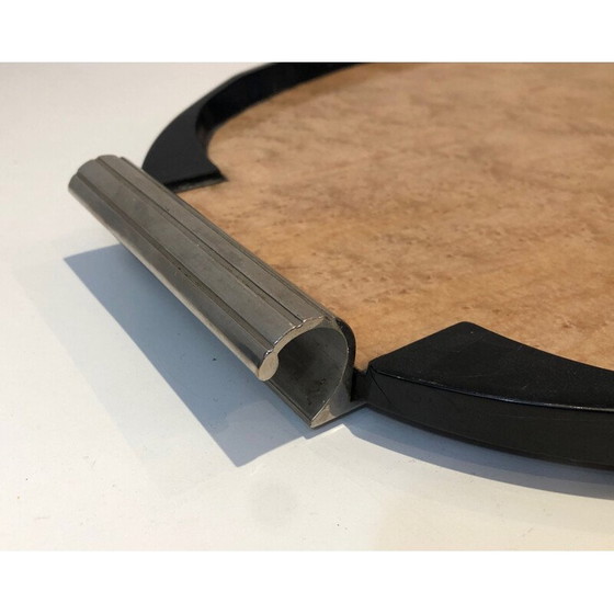 Image 1 of Vintage art deco dienblad van esdoorn, gezwart hout en verchroomd metaal, Frankrijk 1930