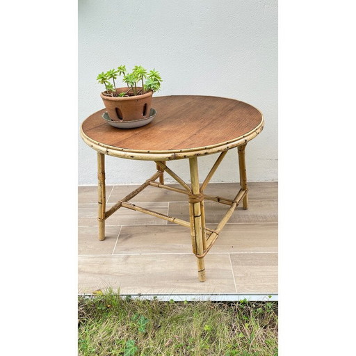 Ronde vintage salontafel van rotan en eiken