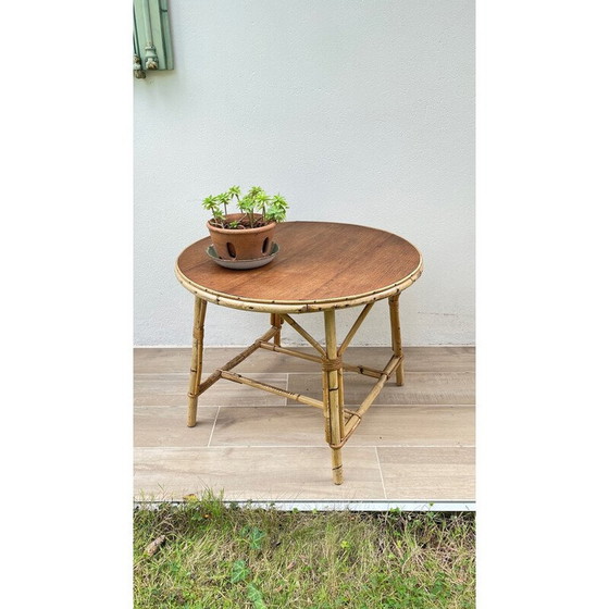 Image 1 of Ronde vintage salontafel van rotan en eiken