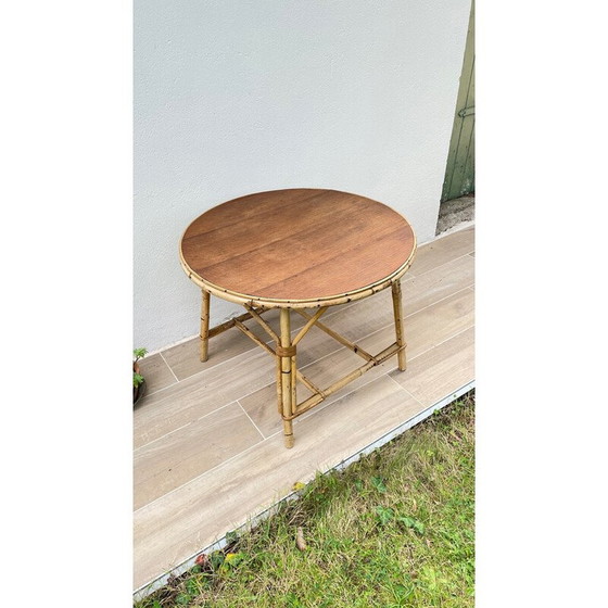 Image 1 of Ronde vintage salontafel van rotan en eiken