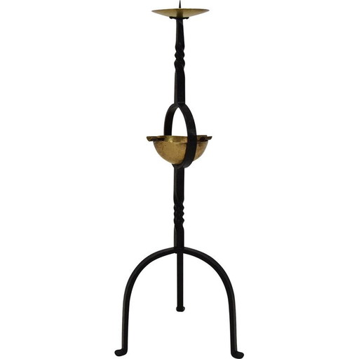 Mid-century metalen en messing kandelaar en asbak, Tsjecho-Slowakije 1960s