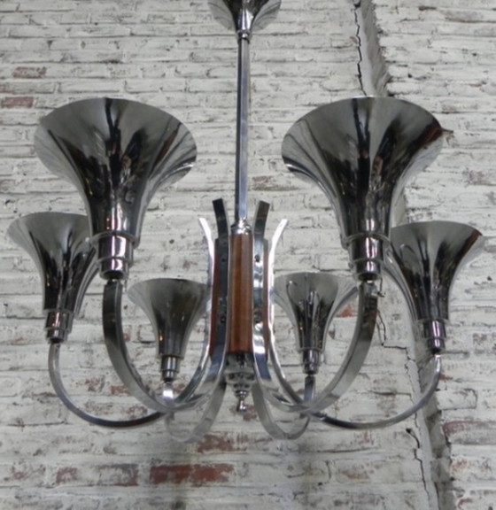 Image 1 of Grote Art Deco hanglamp met 6 verchroomde libellen