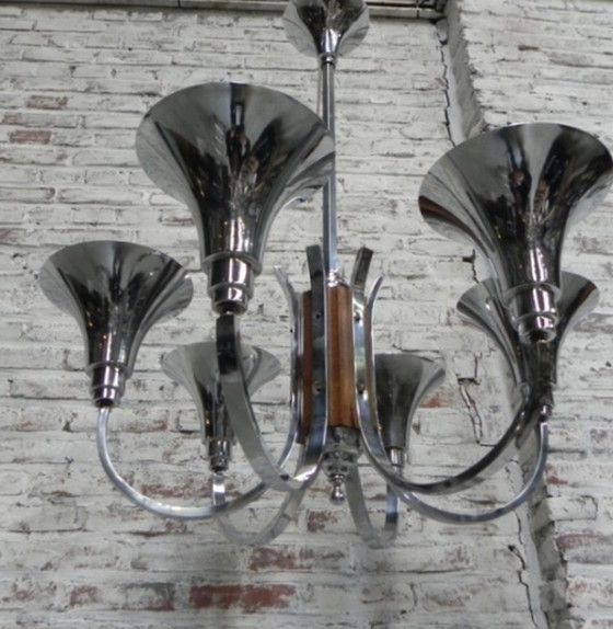 Image 1 of Grote Art Deco hanglamp met 6 verchroomde libellen