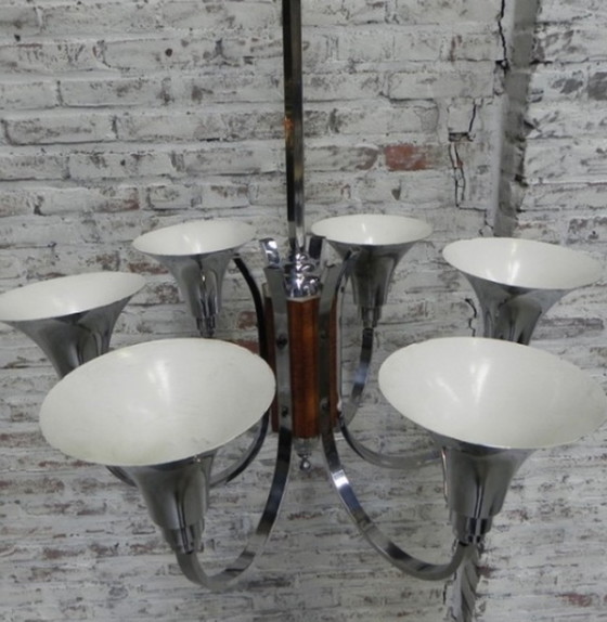 Image 1 of Grote Art Deco hanglamp met 6 verchroomde libellen