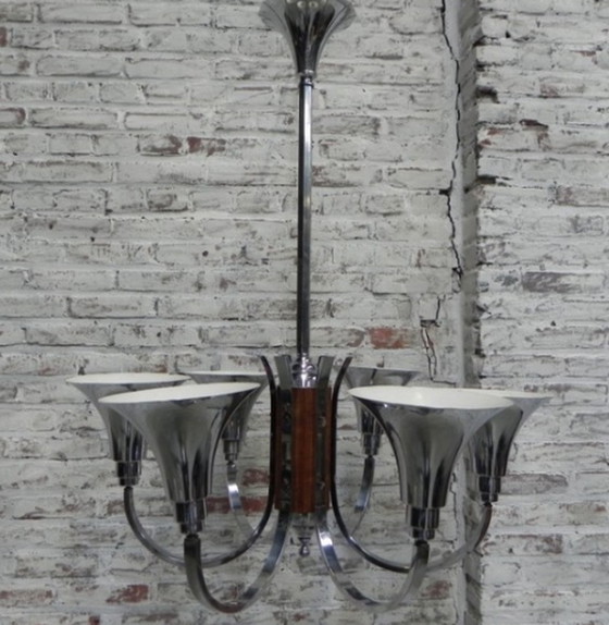 Image 1 of Grote Art Deco hanglamp met 6 verchroomde libellen