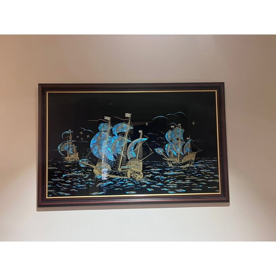 Image 1 of Vintage schilderij op glas met houten lijst, 1940-1950