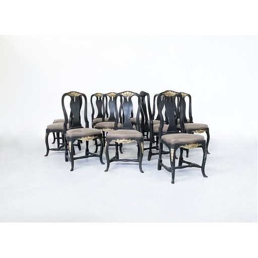 Vintage stoelen in zwart hout en stof