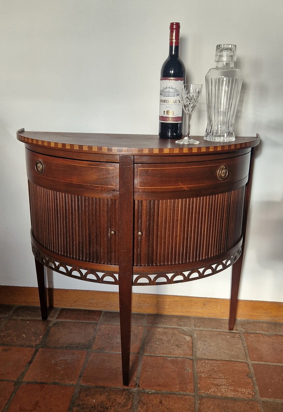 Image 1 of Oud Halfmaan Roldeur Kastje, Muurtafeltje Met Roldeurtjes En 2 Lades, side table