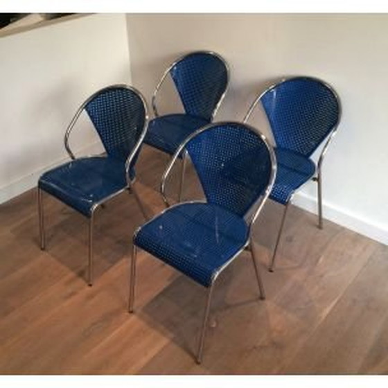 Image 1 of Set van 4 vintage stoelen in chroom met geperforeerd blauw metaal uit 1980