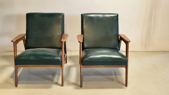 Image 1 of Set Van Twee Vintage Design Fauteuils In Groen Skai Leer