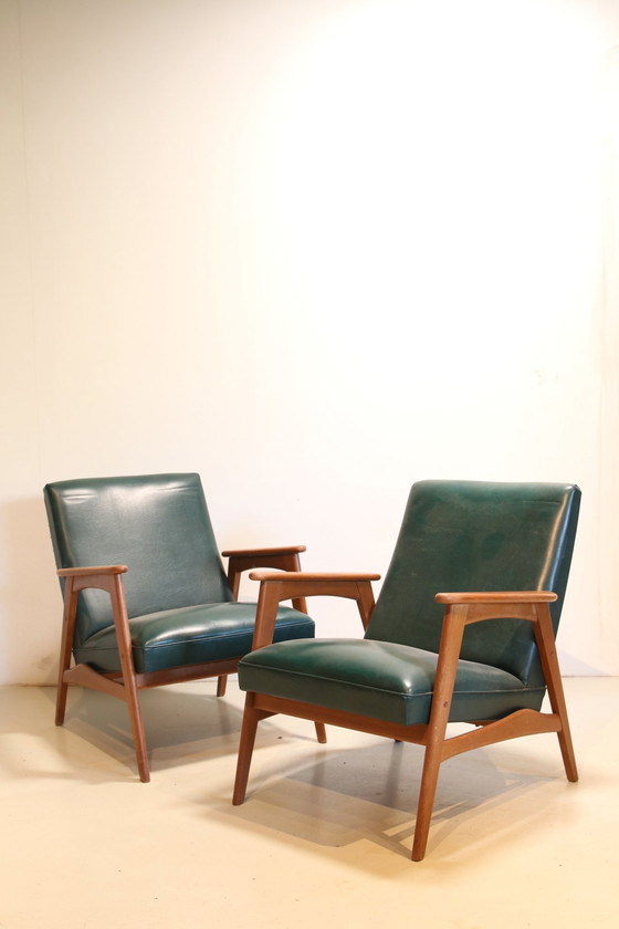 Image 1 of Set Van Twee Vintage Design Fauteuils In Groen Skai Leer