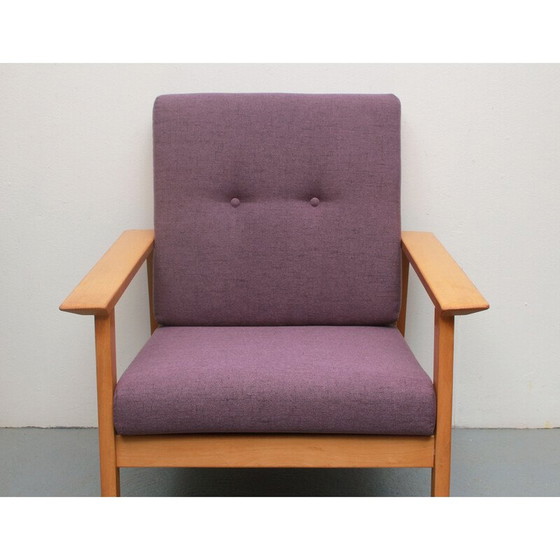 Image 1 of Vintage fauteuil in hout en paarse stof, 1960