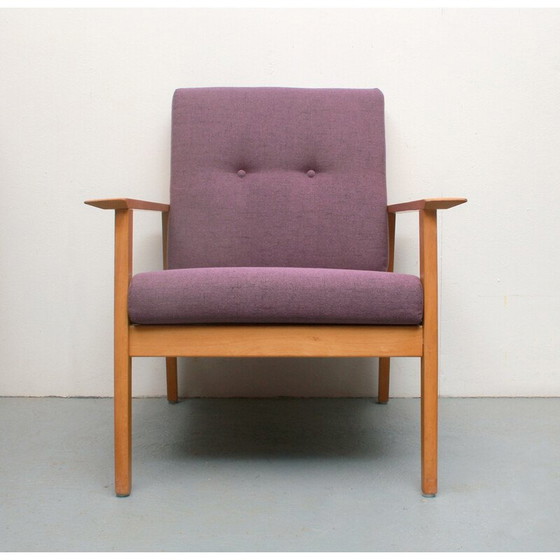 Image 1 of Vintage fauteuil in hout en paarse stof, 1960