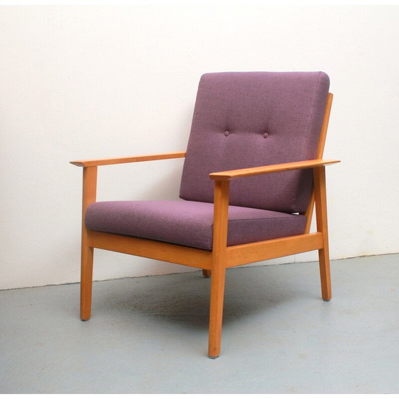 Image 1 of Vintage fauteuil in hout en paarse stof, 1960
