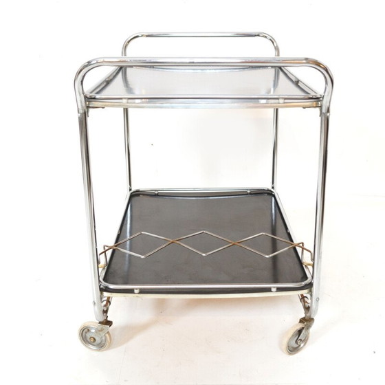 Image 1 of Vintage art deco verchroomd metalen en zwart gebrek karretje van Torck